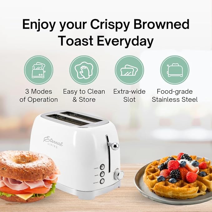 Vintage Stainless Steel Toaster - 2 Slice Wide Slot 6 Shade Settings - Bagel Waffle &amp Bread - Cancel &amp Defrost