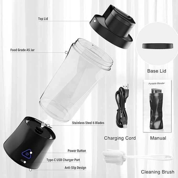 Portable Blender 360 Watt Personal Blender for Shakes and Smoothies 6000mAh USB Rechargeable BPA Free 24 Oz Juicer Cup with 6 Blades and Lid Self Cleaning Portable Juicer for Kitchen Deep Black