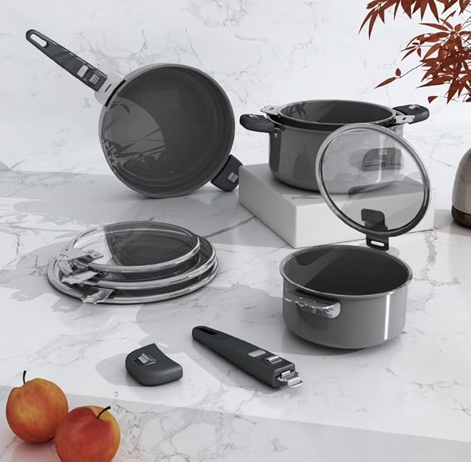 15pcs Pots and Pans Set with Titanium-reinforced Dual Ceramic Nonstick &amp Non-Toxic Coating Detachable Handle &amp Side Handles Multi-Stove Compatible Stackable Oven &amp Dishwasher Safe