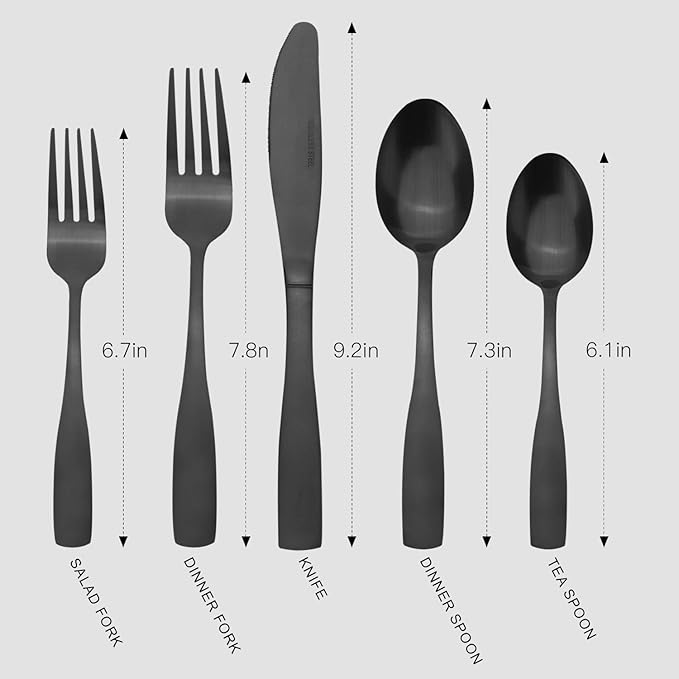 Vanys 20-Piece Silverware Set Satin Finish Flatware Cutlery Set Service for 4 Knives/Forks/Spoons Included Dishwasher Safe (Matte Black)