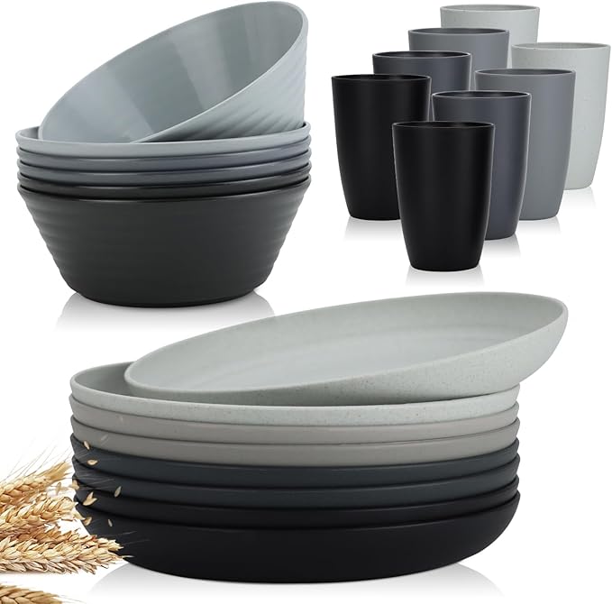 Wrova wheat straw bowls and plates bundle with cups - unbreakable dinnerware sets of 22 - Classic series