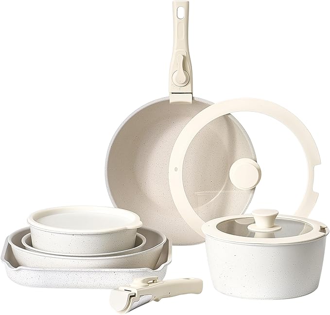 Happybuy 17-Piece Nonstick Cookware Set with Detachable Handles – Space-Saving Induction-Compatible Kitchen Kit for RVs Ovens &amp All Stovetops Includes Frying Pans Saucepans &amp Glass Lids (Wh