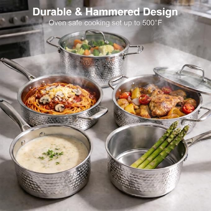 imarku 14-Piece Stainless Steel Cookware Set Tir-Ply Pots and Pans Set with Lids Induction Compatible Oven Safe to 500°F Non-ToxicDishwasher Safe Ideal Gift for Home Cooking Women