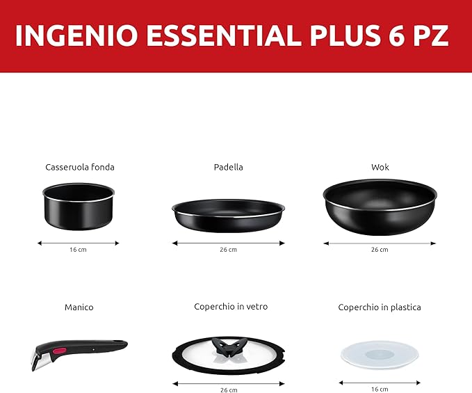 Lagostina Ingenio Essential + 6-Piece Aluminium Cookware Set with Non-Stick Frying Pan Wok Saucepan 2 Lids Removable Handle Silver