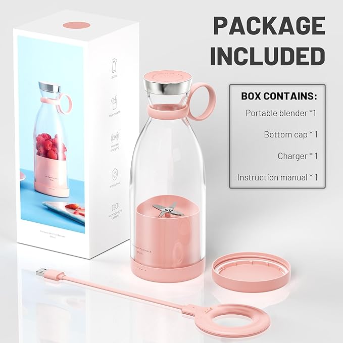 OTPEIR Portable Blender for Shakes and Smoothies with 11.83 Oz Travel Cup and LidDurable Stainless Steel Blades for Juice Blending Performance Pink
