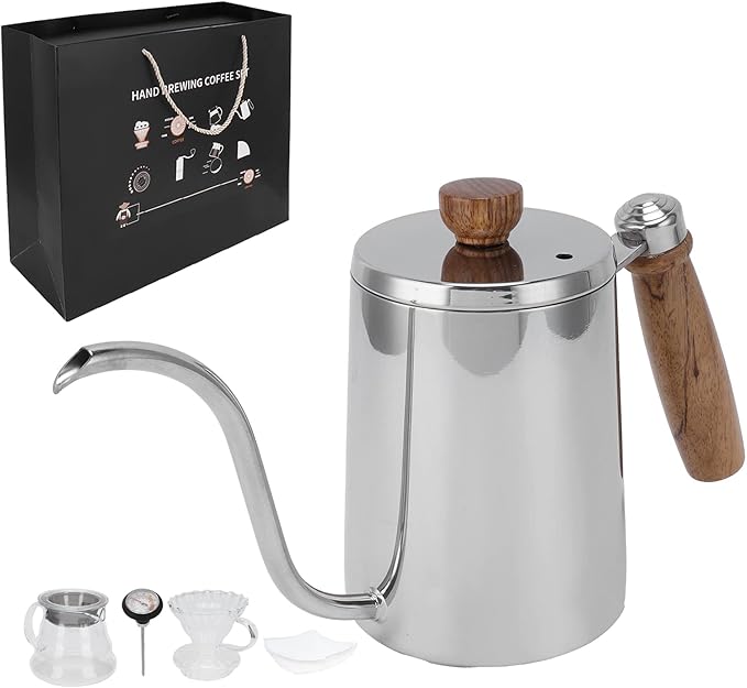 EVTSCAN Pour Over Kettle 5Pcs/Set Pour Over Coffee Maker Set Brewing Drip Coffee Coffee Pot Filter Funnel Kit Gift(Sliver)