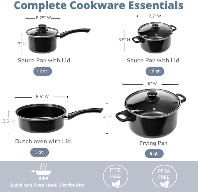 Imperial Home 7 Pc Carbon Steel Nonstick Cookware Set Pots &amp Pans Set Dishwasher Safe Cookware Set Cooking Set Kitchen Essentials (Black)