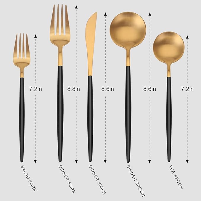 Matte Gold Silverware Set with black handle Vanys 30 Piece Stainless Steel Cutlery Flatware Set Kitchen Utensil Sets for 6 Tableware With Knife Spoons And Forks Set Satin Finished Polished