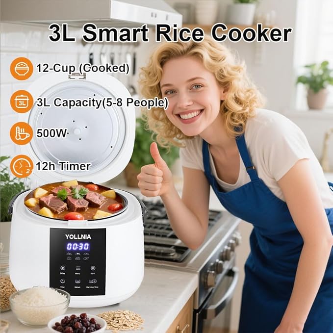 3L Rice Cooker 12 cups (Cooked) Mini Digital Rice Cooker6 in 1 Multicooker for Grain Preset and Reheat Options 12-Hr Delay Timer Auto Keep Warm Non-Stick Inner Pot with Steaming Basket