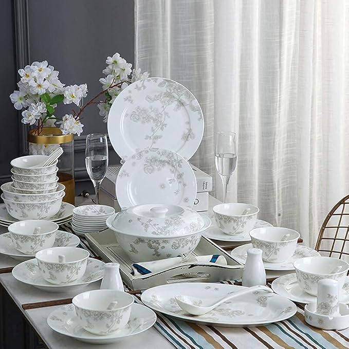 Dinnerware Sets Dish Set Ceramics dinnerware Set with 46/50-Piece Bowl/Stockpot/Dish/Spoon|Bone China Dinner Sets Plant Flower Porcelain Combination Set (50pieces)