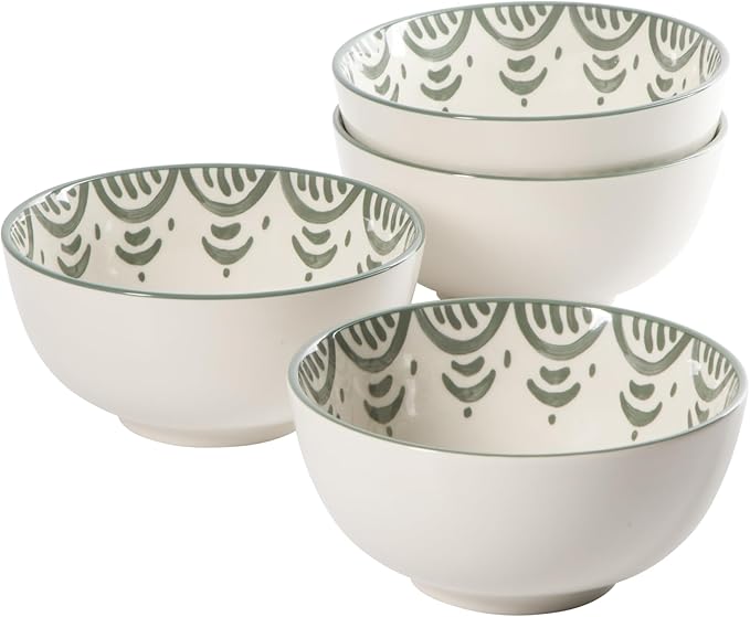 Bloomhouse - 2-Time Oprah’s Favorite Things - Valencia Flor 4 Piece 6” Cereal Bowl Set Stoneware Bowls Mediterranean Floral Decal Design Microwave &amp Dishwasher Safe Fern Green