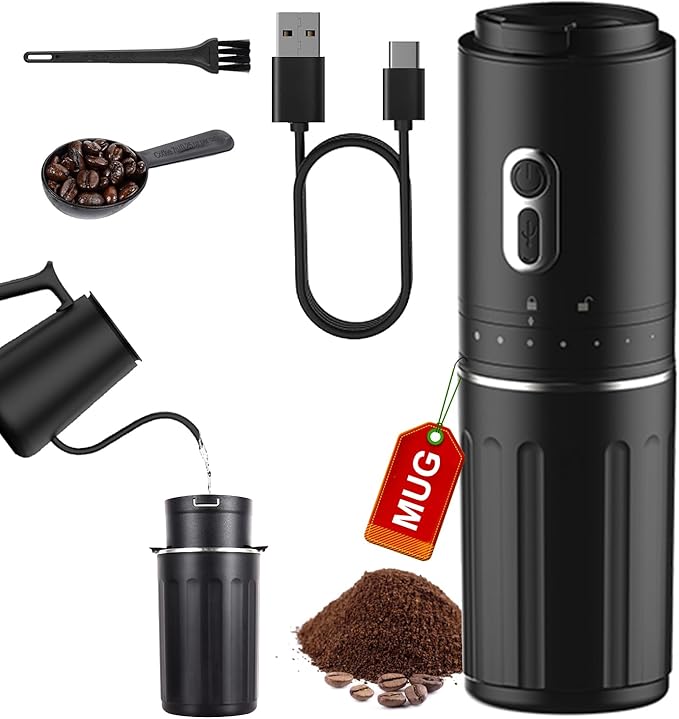 All-in-one Pour Over Coffee Maker Portable Electric Burr Coffee Grinder Rechargeable Coffee Bean Grinder Conical Burr Battery Powered Cordless Portable Coffee Maker for Travel Camping Car