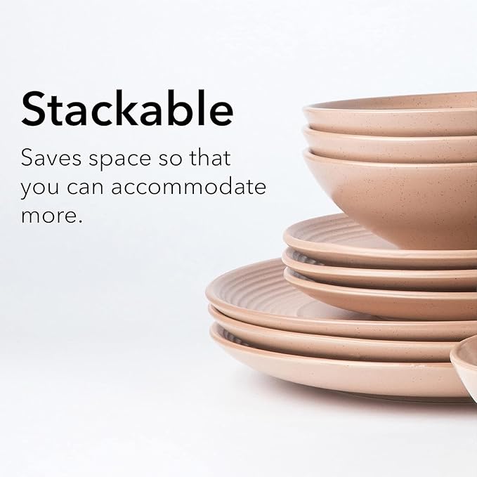 RINGAR Round Stoneware 16pc Double Bowl Dinnerware Set for 4 Dinner Plates Side Plates Cereal Bowls Pasta Bowls - Speckle Matte Coral (407490)