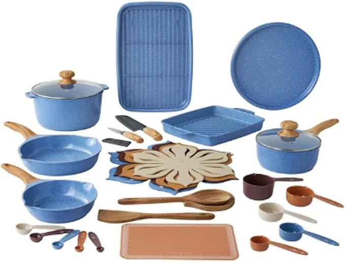 32-Piece Ceramic Nonstick Cookware Set with Utensils &amp Bakeware – Fry Pans Dutch Oven Grill Pan Knives Measuring Cups &amp Spoons Pizza Pan Baking Sheet (Blue)