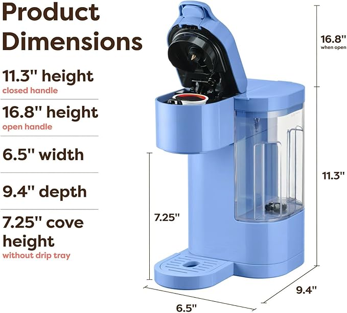 Express Essentials Single-Serve KCup Pod Coffee Maker 3 Cup Sizes Fast Fresh Brew 30oz Removable Water Reservoir Travel Mug Friendly Maintenance Alert Space-Saving (Blue)