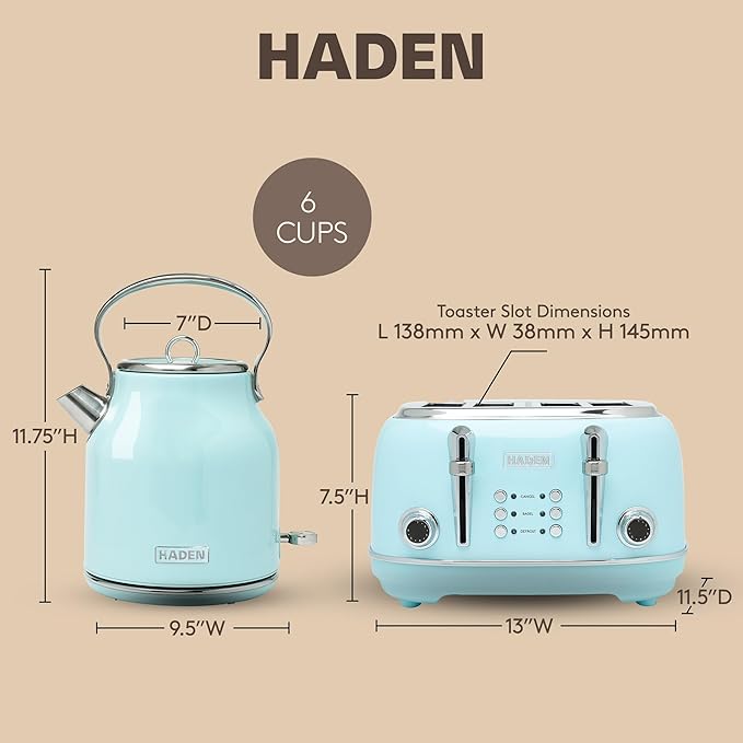 Haden Heritage 4 Slice Wide Slot Stainless Steel Toaster Bundled with 1.7 Liter Stainless Steel Electric Water Kettle Turquoise &amp Chrome