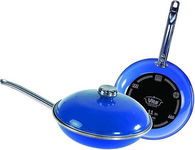 VITA 4-Piece Skillet Set with Lids Blue Enamel on Steel Dishwasher &amp Oven Safe up to 350? Quick &amp Even Heat Distribution Non Stick Scratch Resistant High Gloss