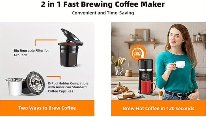 Portable Coffee Maker Single Serve with Grinder - 120s Brew Ceramic Burr 4 Cup Sizes(6-12oz) BPA-Free Window Auto Descaling Alert Compact for Travel (7.85x4.33x9.45in)
