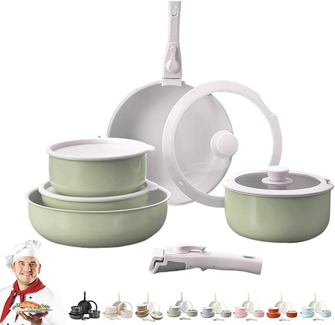 Cookware Set Cookware Set Removable Handle 5/9/11/15/17 Piece Stackables Oven Safe Super Easily Clean for Kitchen (Green15 Pcs)