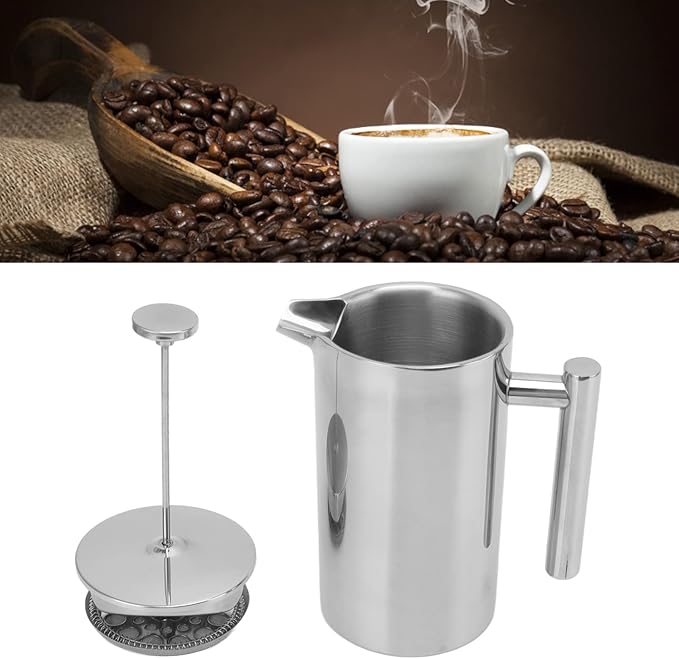 304 Stainless Steel French Press Coffee Maker Double Wall Teapot Hand Brewed Coffee Press with Filter Screen for Camping Outdoor Travel (1000ml)