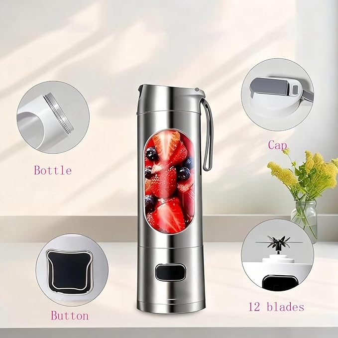 Portable Juice Blender - Three-Speed USB Charging 12-Blade Ice Crusher and Digital Display - Compact and portable with a 450ml capacity for making juice at home and on the go(Gray)