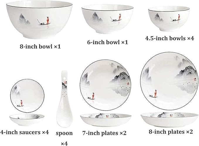 Black and White Plates and Bowls SetChinese Dinner SetDish Set/Tableware SetChinese Ancient Ink Painting Design Dinnerware Sets for 4/6-for HomeKitchen and Dinning18 Pieces