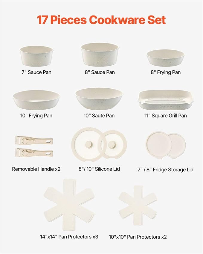 17 Piece Pots and Pans Set Granite Nonstick Cookware Set for Kitchen Induction Compatible White