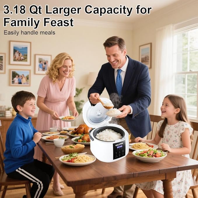 3L Rice Cooker 12 cups (Cooked) Mini Digital Rice Cooker6 in 1 Multicooker for Grain Preset and Reheat Options 12-Hr Delay Timer Auto Keep Warm Non-Stick Inner Pot with Steaming Basket