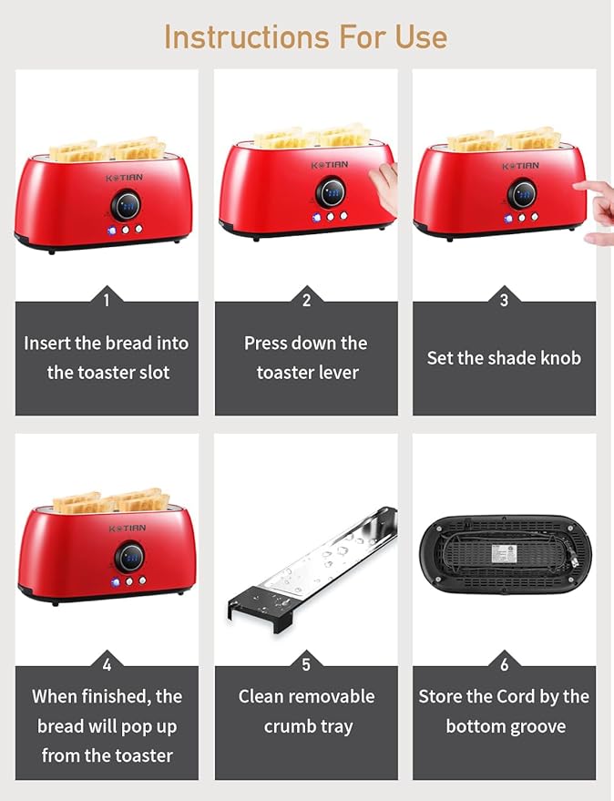 Toaster 4 SliceKOTIAN Retro Long Slot Toasters with Countdown TimerStainless Steel ToasterBagelDefrostReheatCancel FunctionsExtra Wide Slots6 Toast SettingsRemovable Crumbs TrayRed
