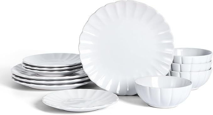 Earth &amp Clay Phoenix 12-Piece Stoneware Dinnerware Set Plates and Bowls Set Dishwasher and Microwave Safe Dish Set for 4 White