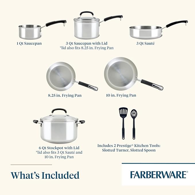 Farberware Brilliance Stainless Steel Cookware Pots and Pans Set with Kitchen Cooking Tools and Glass Lids 10 Piece Dishwasher Safe and Induction Ready Stainless Steel