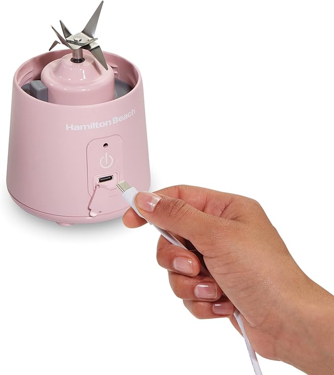 Hamilton Beach Mini Cordless Portable Personal Blender for Shakes and Smoothies USB Rechargeable 16 oz. Jar with Leakproof Travel Lid 6 Stainless Steel Blades Pink (51181)