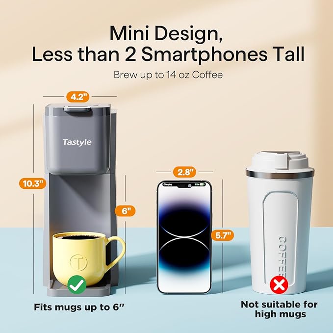 Mini Hot and Iced Coffee Maker Single Serve for K Cup and Ground 6 to 14 Oz Brew Sizes with Recipe Book for Home Travel RV Office and Dorm Elegant Gray