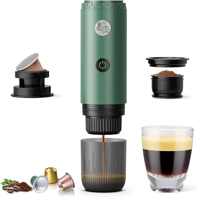 Portable Electric Espresso Machine Travel Coffee Maker for Camping Car Coffee Maker Self-Heating with USB-C 20 Bar Coffee Maker With Ground Coffee &amp NS Capsule for RV Hiking Office(Green)