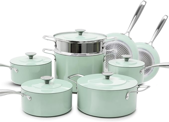 Nuwave Lux 13-Piece Premium Cookware Collection Healthy G10 Duralon Blue Ceramic Nonstick Ultra Durable PFAS-Free Lightweight &amp Works on All Cooktops