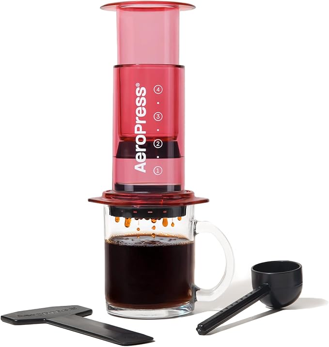 AeroPress Clear Red Coffee Press - All-in-One French Press Pour-Over &amp Espresso Style Manual Brewer 2 Min Brew for Less Bitterness More Flavor Small Portable Coffee Maker Travel &amp Camping