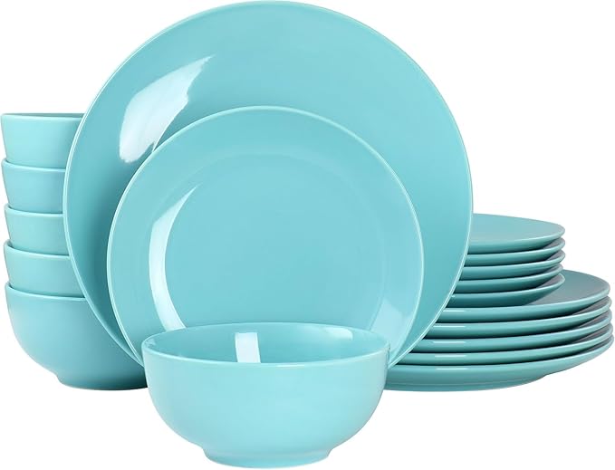 18 Piece Porcelain Dinnerware Set – Service for 6 Microwave &amp Dishwasher Safe Plates and Bowls – Elegant Multicolor Tableware in White Dark Blue Mint Green and Blue (Blue)