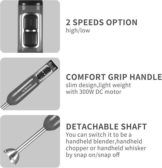 La Reveuse Immersion Blender Handheld 3 in 1 300 Watts 2 Speeds Multi-purpose with WhiskMixing BeakerFood Chopper Grinder attachments