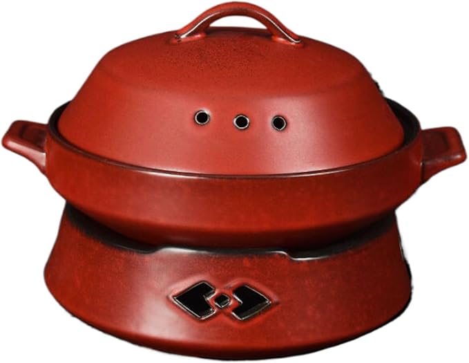 Thcbme 酒店陶瓷保温带双耳明炉碗加深大号 Ceramic Dish Set 加热圆汤锅创意明档碗/Ceramic Dinnerware SetsPlates and Bowls/12英寸梯形双耳煲（红黑）