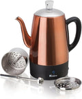 Euro Cuisine PER08 Stainless Steel Electric Coffee Percolator 8 Cup Polished Copper Finish Dripless Gooseneck Spout Clear Glass Knob Brewing Indication Keep-Warm Function Detachable Cord