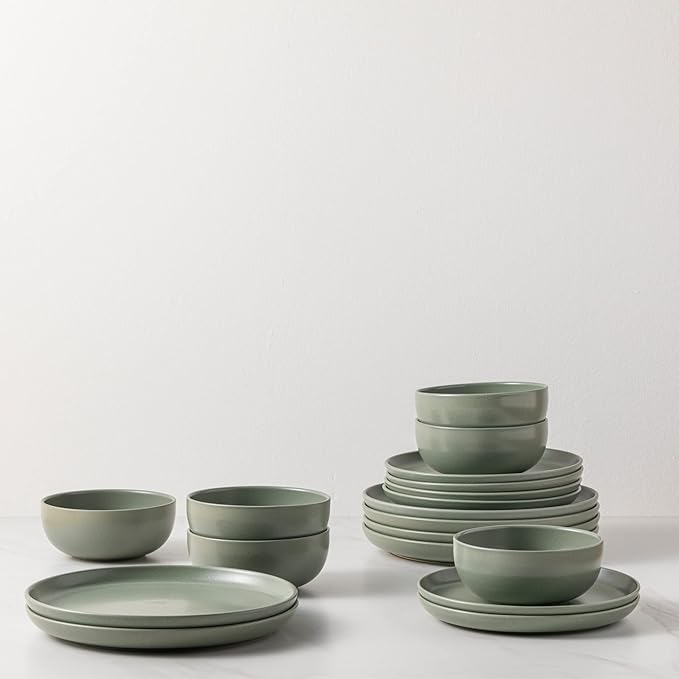 Casafina Ceramic Stoneware 18-Piece Place Setting Service for 6 with Cereal Bowls - Pacifica Collection Artichoke Green | Microwave &amp Dishwasher Safe Dinnerware Set | Restaurant Quality Tableware