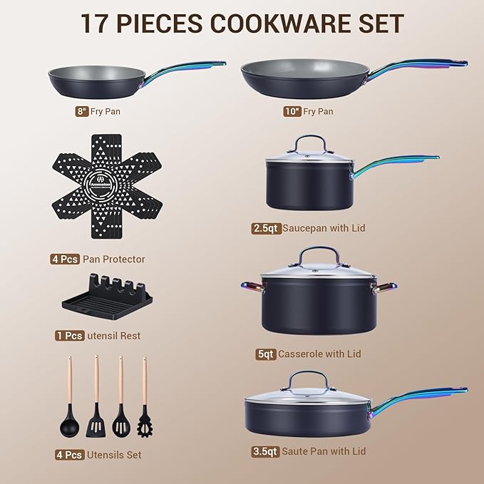 Ammeloo 17 Pcs Ceramic Cookware Set Induction Pots and Pans Set Non Stick Premium Colored Stay Cool Handle Non Toxic PFOA PFOS Free Oven Safe &amp Compatible with All Stovetops Black