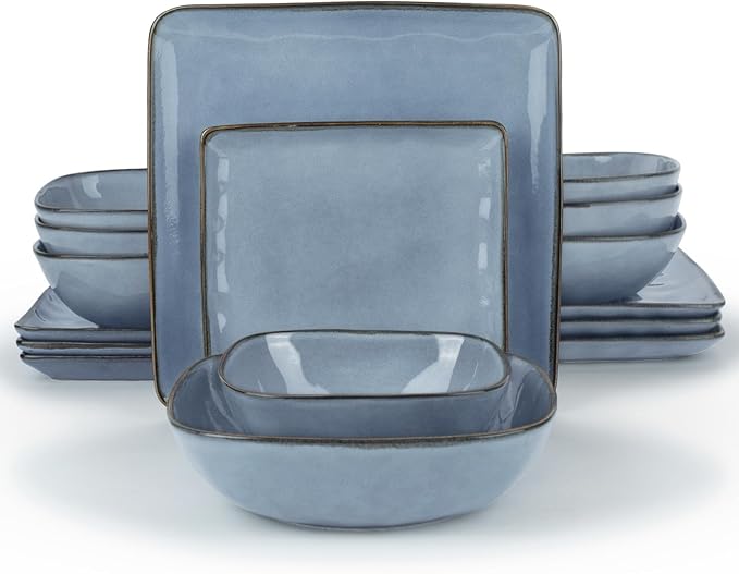 Famiware Ocean Square Plates and Bowls Sets for Kitchen 16-Piece Dinnerware Sets for 4 Reactive Glaze Blue