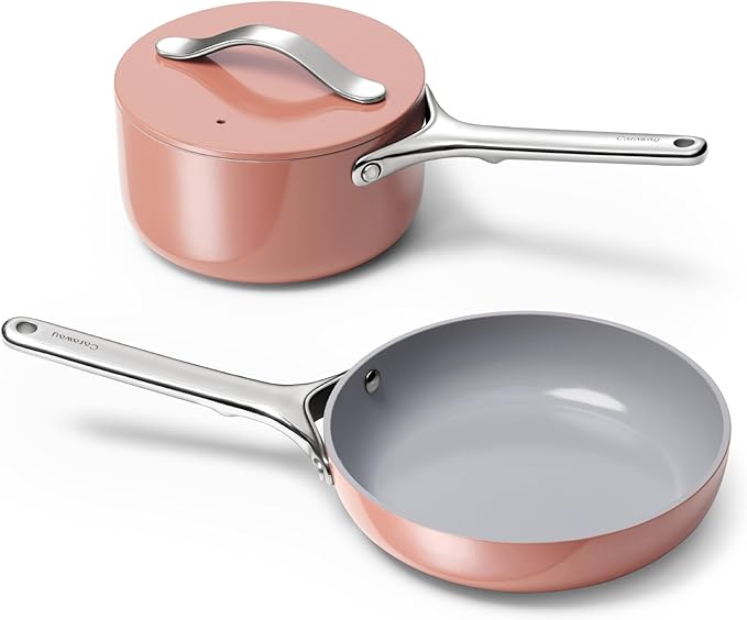 Caraway Mini Cookware Set - Non-Stick Ceramic Fry Pan (1.05 qt 8) &amp Sauce Pan (1.75 qt) - Non Toxic PTFE &amp PFOA Free - Oven Safe &amp Stovetop Agnostic (Gas Electric &amp Induction) - Pe