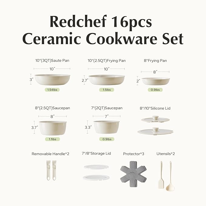 Redchef Ceramic Pots and Pans Set Nonstick Kitchen Cookware Set with Detachable Handle Non Toxic Cookware Set 16pcs PFAS PFOA &amp PTFE Free RV Ceramic Cookware for Camping Dishwasher/Oven Safe