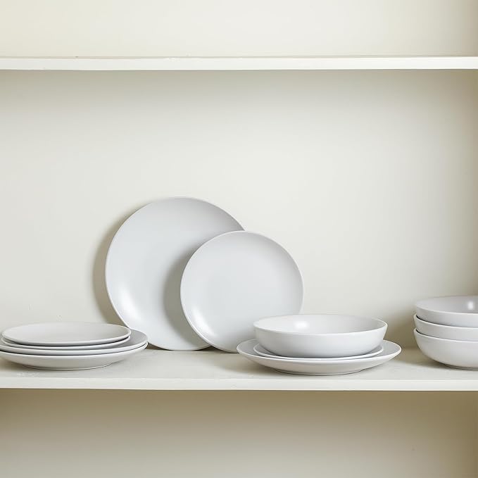 Earth &amp Clay Mia 12-Piece Stoneware Dinnerware Set Plates and Bowls Set Dishwasher and Microwave Safe Dish Set for 4 White