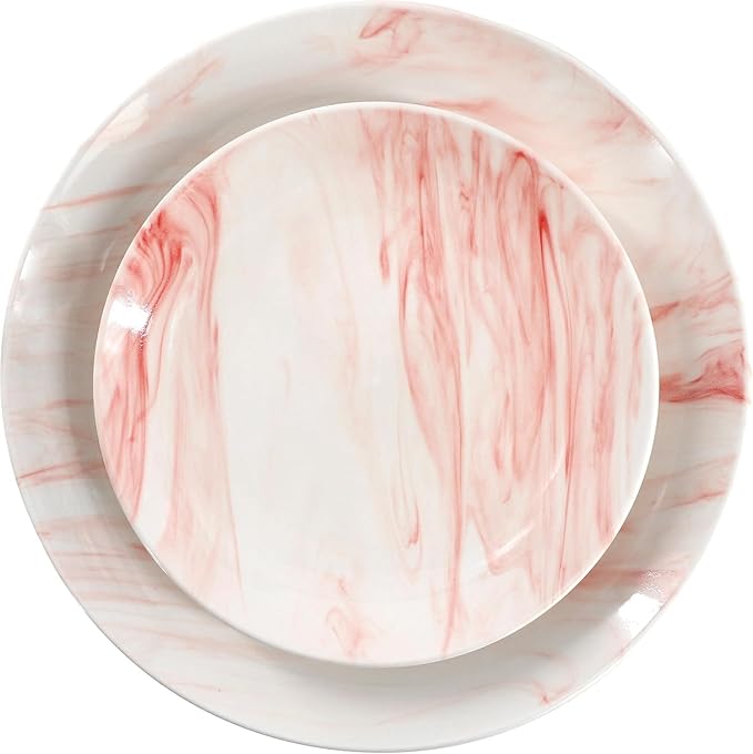 16 Piece Porcelain Marble Dinnerware Set in Red and Orange – Service for 4 Dishwasher &amp Microwave Safe (Red)