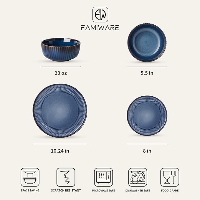 Famiware Starlight Plates and Bowls Dishes Set of 6 (18 Pieces) Ribbed Textured Stoneware Dinnerware Sets- Dishwasher &amp Microwave Safe Chip &amp Scratch Resistant Starry Blue