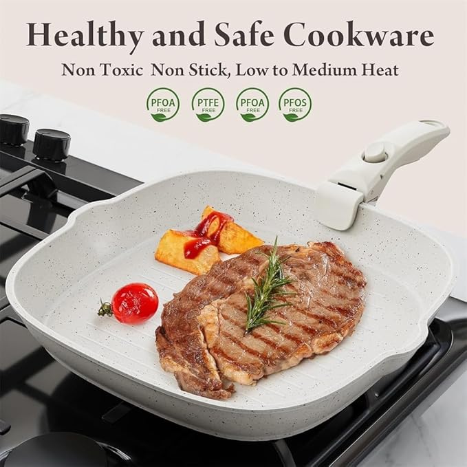 19 Pcs Pots and Pans Set Non Stick Ceramic Cookware Set with Removable Handles Induction Kitchen Cookware SetsCream White19 Pc