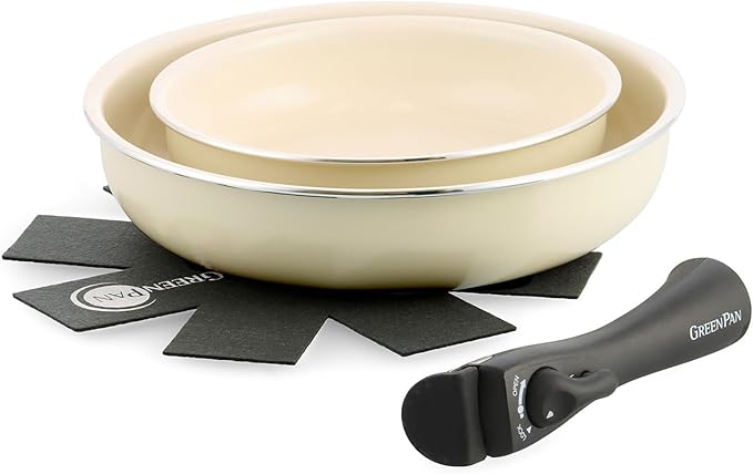 GREENPAN CC007538-004 Green Pan Set of 4 Removable Handle IH Gas Dishwasher Safe Non-Toxic Substances PFAS Free Ceramic Coating Click Chef Stick-Resistant Easy to Remove Stains Cream White